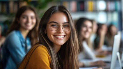 Young woman smiling confidently in library with group of friends studying.