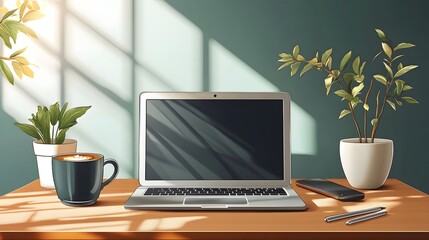 Minimalist Desk Setup with Laptop, Coffee, and Plants