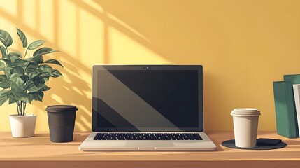Fototapeta premium Minimalist Workspace Laptop Coffee Cup Yellow Wall