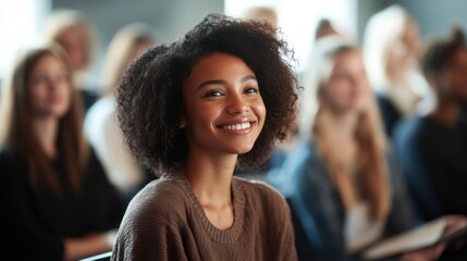 Obraz premium Young black woman smiling attentively during a seminar indoors with diverse group.