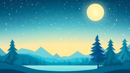 Night Sky Mountain Landscape with Full Moon and Stars