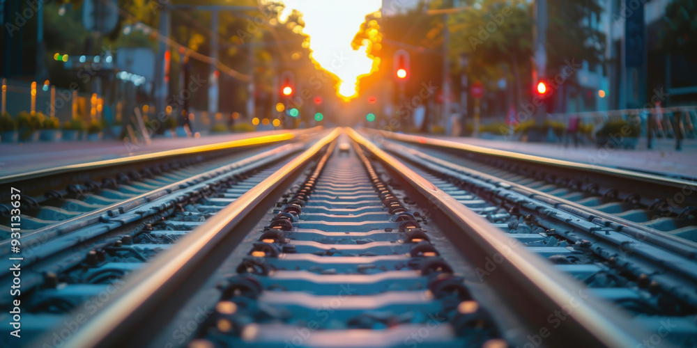 Wall mural a close-up view of railway tracks leading into the sunset, with red traffic lights glowing in the di