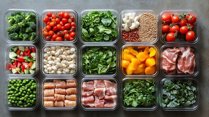 A weekly meal plan layout with fresh ingredients like leafy greens, lean meats, and whole grains, Healthy eating plan, organized nutrition