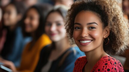 Obraz premium Smiling young woman in red blouse attending indoor event with diverse group.