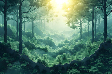 Obraz premium Enchanted Paper Forest with Dappled Sunlight Illuminating the Verdant Glade