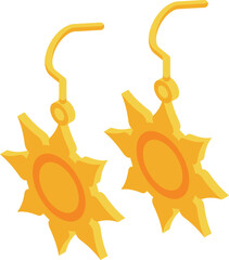 Pair of golden earrings showing sun isometric icon, summer jewellery
