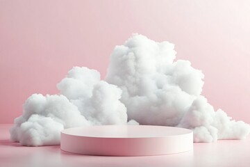 Empty round podium decorated with realistic cloud on pink pastel background for your beauty project