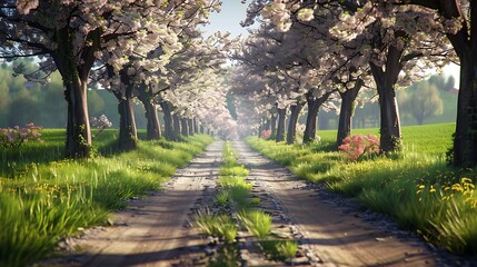 A picturesque spring view of a country lane lined with blossoming trees and fresh green grass. 