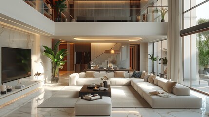 A light luxury style, living room, two floors. Generative AI.