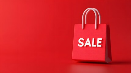 Red sale shopping bag on solid red background. Perfect for marketing promotions, sales announcements, and ecommerce advertisements.