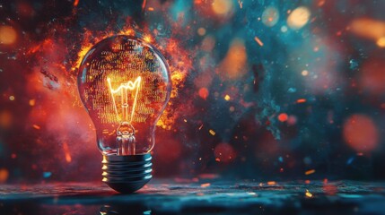 Glowing light bulb with fiery abstract background, symbolizing energy and creativity.