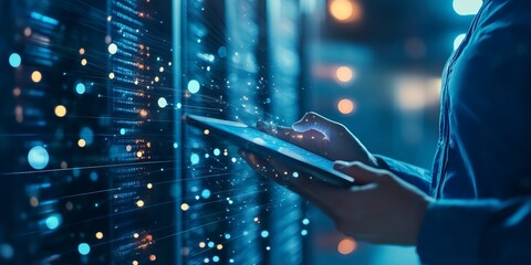Data anlytics, AI and database management technology. IT specilist working on digital tablet connecting with cloud server and data center, technology background. Generative ai