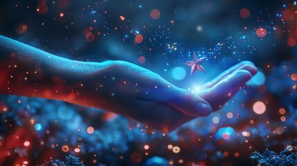 A hand reaches out to catch a glowing, blue star-shaped object amidst a field of sparkling lights.