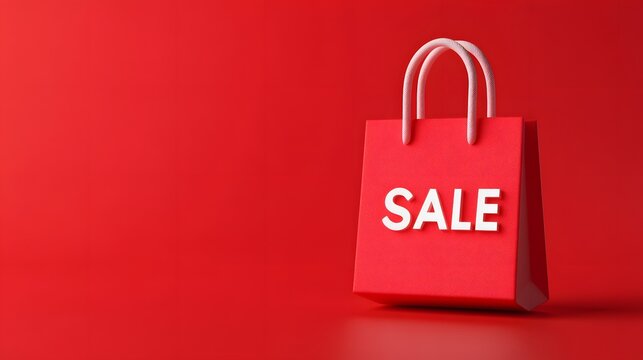 Red sale shopping bag on solid red background. Perfect for marketing promotions, sales announcements, and ecommerce advertisements.