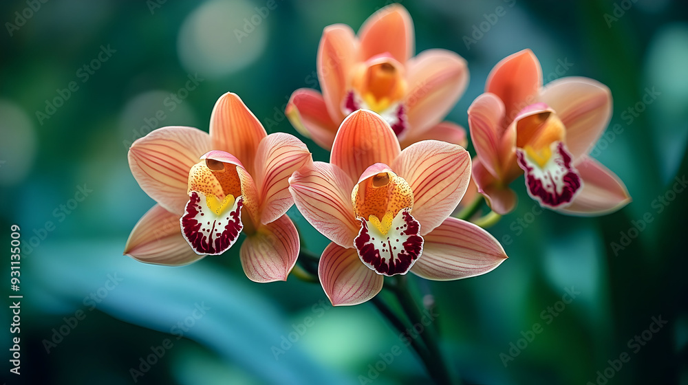 Poster A cluster of vibrant orange orchids in a lush green setting.