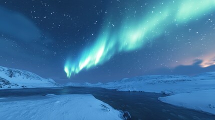 Naklejka premium A breathtaking view of the northern lights illuminating a snowy landscape at night.