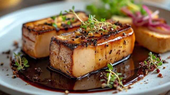 Gourmet foie gras terrine served with toasted brioche and a delicate balsamic reduction, Gourmet foie gras, luxurious appetizer