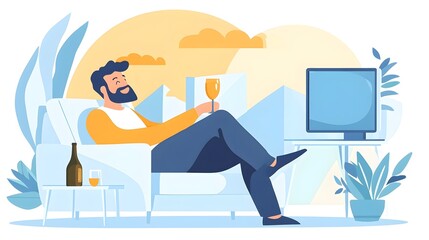 Relaxed Man Watching TV with Wine and Beer at Home