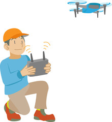 ドローン操縦に熱中する少年のイラスト