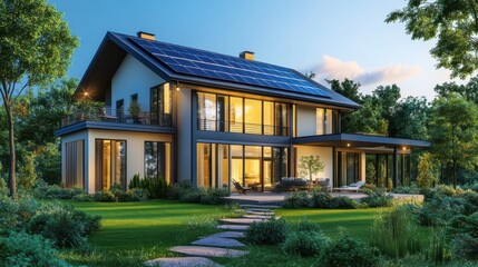 Modern eco-friendly house with solar panels in a lush green landscape at sunset.