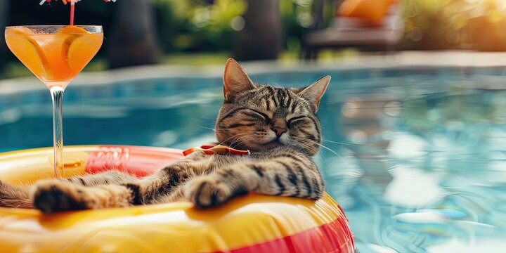cat relaxing on pool floatie, cocktail 