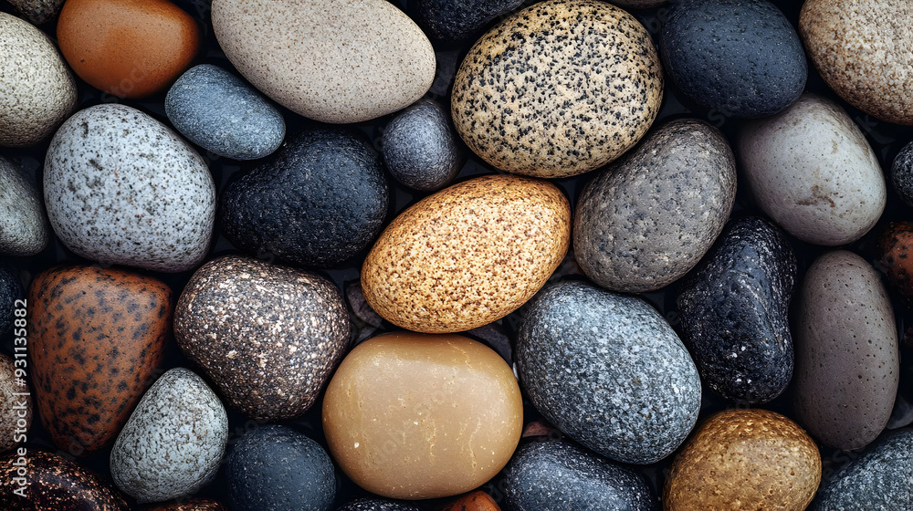 Poster a collection of various smooth stones in different colors and sizes.