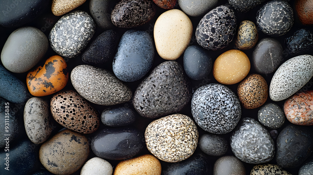 Poster a collection of various smooth stones in different colors and sizes.