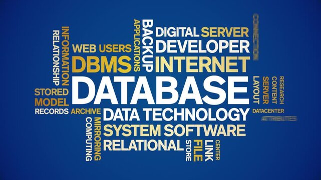 Database animated word cloud;text design animation tag kinetic typography seamless loop.