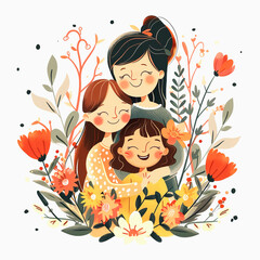 Three Generations of Women Embracing in a Floral Setting