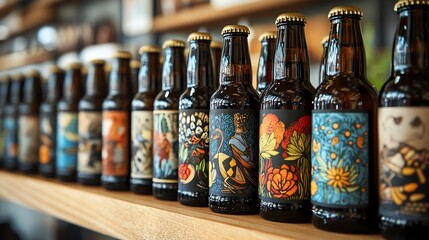 A row of unique craft beer bottles with artistic labels, displayed on a wooden shelf, artisan beer, creative and original