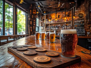 A rustic bar with an assortment of craft beers, handmade coasters and wooden trays, artisan beer bar, personal and welcoming