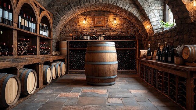 A rustic wine cellar with organic wine barrels and bottles, natural lighting highlighting the textures, organic wine aging, timeless and authentic