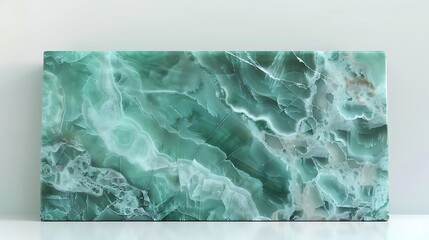A unique jade green marble with subtle white veins, displayed on a clean white surface. 8k