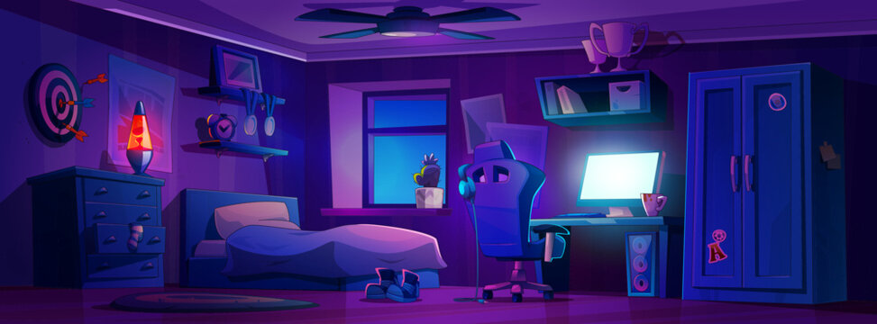 Teen boy bedroom interior at night. Vector cartoon illustration dark room with window and ceiling fan, computer on desk, armchair, wardrobe and drawer, books and trophies on shelf, poster on wall