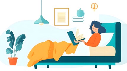 Obraz premium Woman Reading Book In Bed, Cozy Home Relaxation, Flat Design