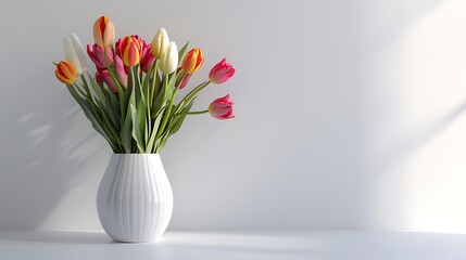 A vibrant bouquet of tulips in a tall ceramic vase set against a clean white background. 