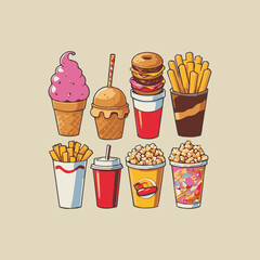 set of colorful cartoon fast food vector illustration icons