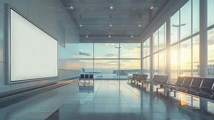 An airport terminal with an empty billboard on the wall, large windows and an airplane outside, empty chairs for people to sit in front of it, modern design. Generative AI.