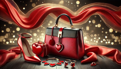 High fashion, studio advertising shoot with red shoes, bag, scarf and jewelry