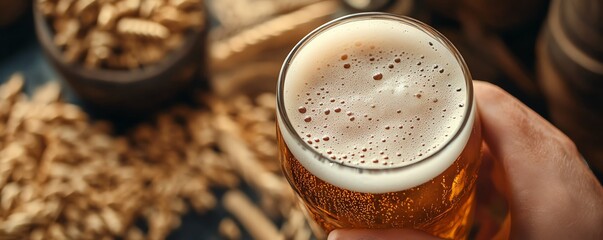 Closeup of a hand holding a craft beer, rustic background with brewing tools, artisan beer experience, handson and personal
