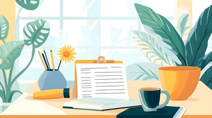 Fototapeta premium Workspace with Coffee, Plants and a Checklist