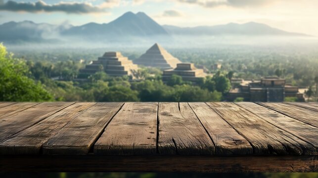 Empty wooden table with Teotihuacan pyramids in Mexico