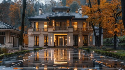 Fototapeta premium Autumn courtyard, country-style villa. stone structure house, beige wall, a light inside. background woods, the wet ground in front of the house is paved with large tiles, smooth black floor tiles.