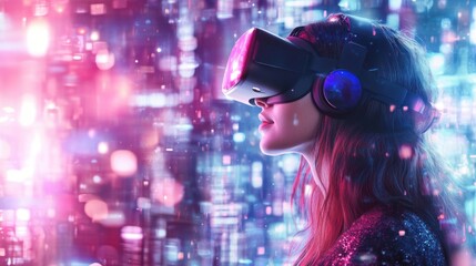 Naklejka premium Woman exploring virtual reality in a glowing neon futuristic cityscape.