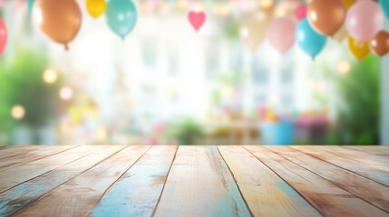 Empty wooden table with a children's party 