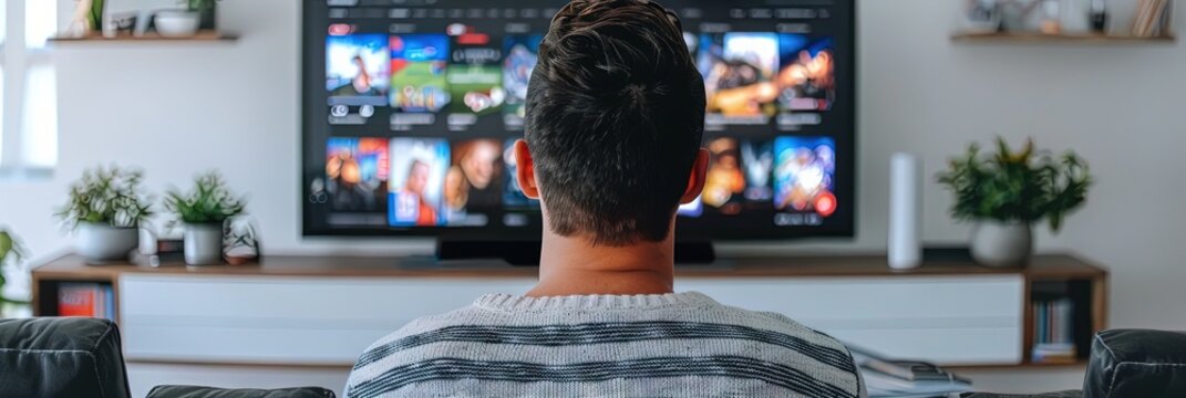 man watching split screen multiview sports on living room flat screen TV, 