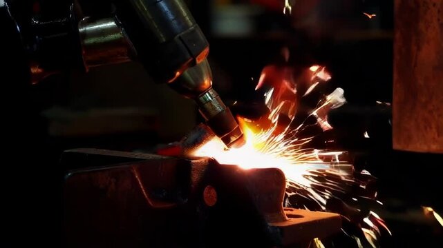 Close-up of metalworking with sparks flying, showcasing craftsmanship and intense industrial activity in a workshop environment.