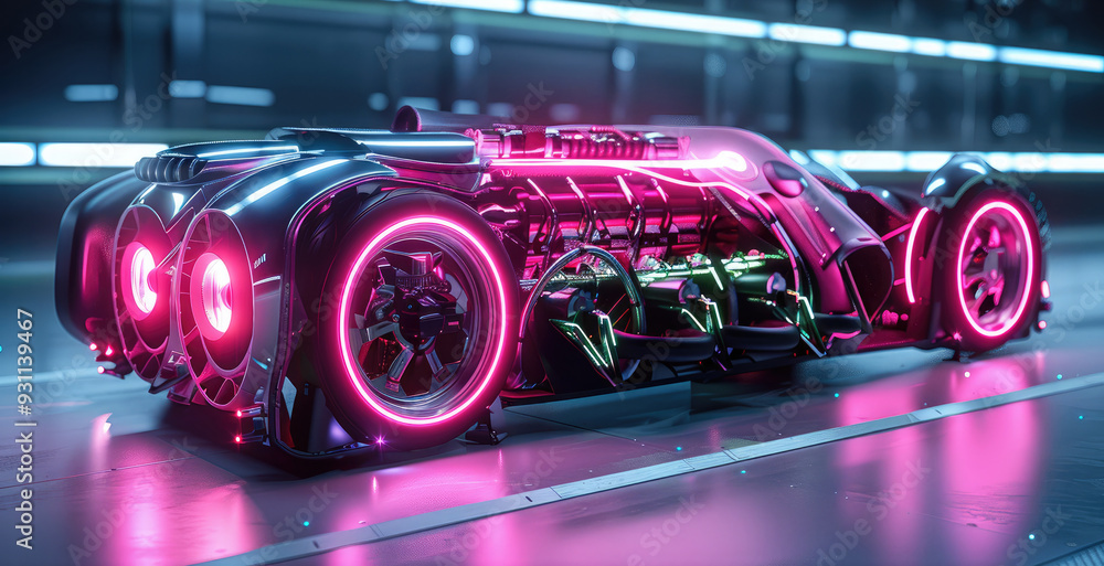 Poster an artistic interpretation of a hybrid supercar engine, with led lights outlining the integration of