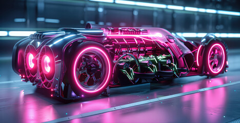 An artistic interpretation of a hybrid supercar engine, with LED lights outlining the integration of electric and combustion elements in striking colors like neon pink. Generative AI.