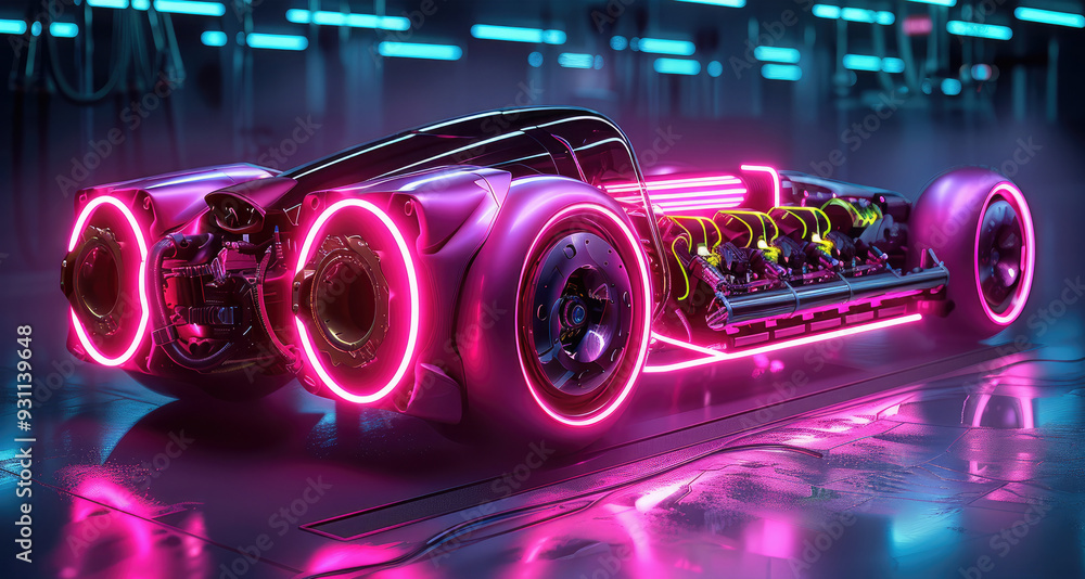 Aufkleber an artistic interpretation of a hybrid supercar engine, with led lights outlining the integration of